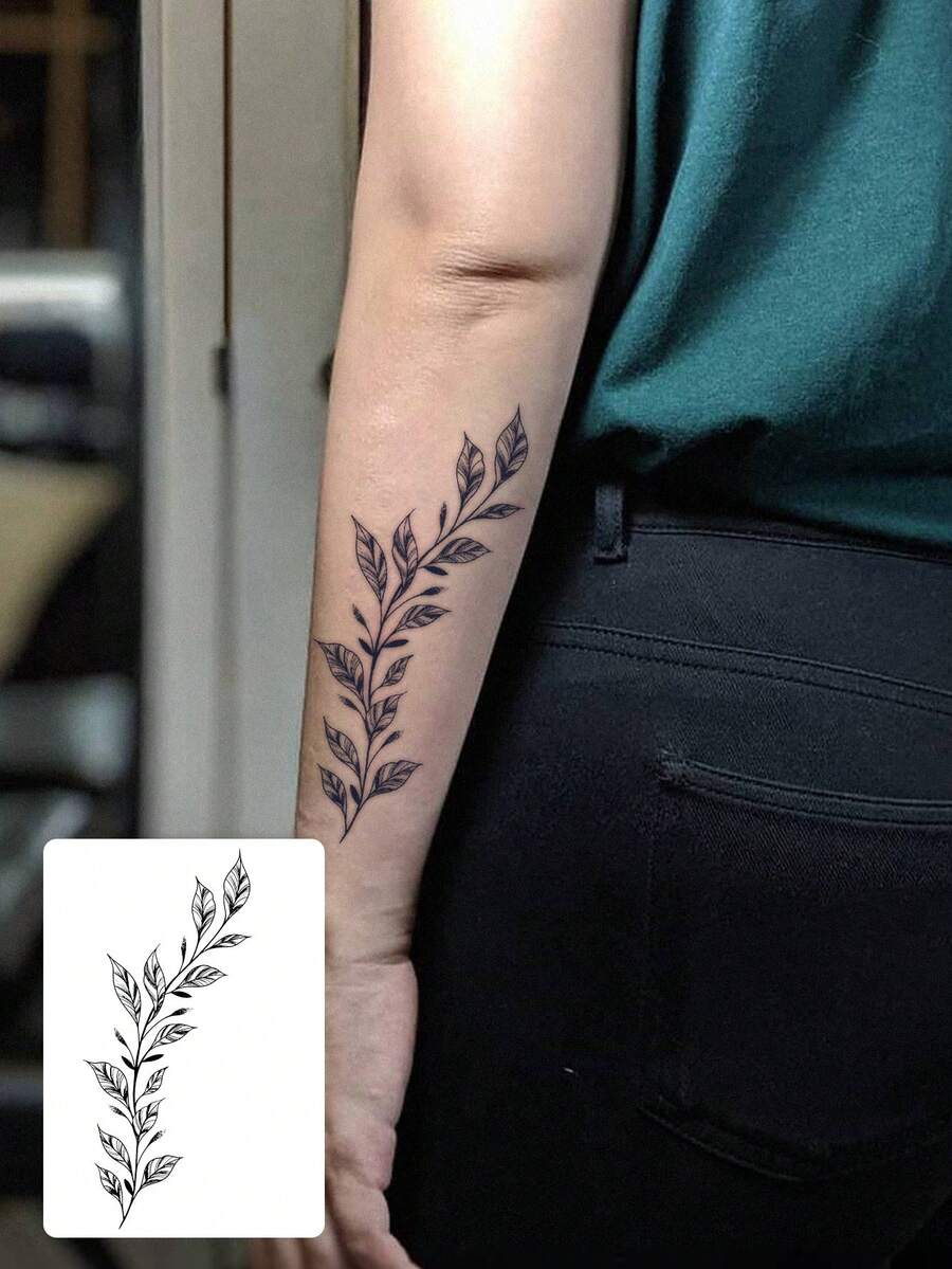 1pc 7-14 Days Lasting Herbal Temporary Tattoo Sticker, Minimalist Abstract Leaf Branch Design For Hand/Arm, Waterproof Tattoo Sticker Suitable For Men - Black - View 1