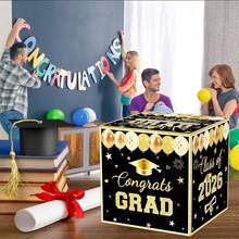 Black Gold Graduation Card Box, Class Of 2026 Congrats Party Money & Gift Card Holder, Elegant Grad Party Decoration Supplies, 8.7-Inch Square - Black Gold - 查看 6