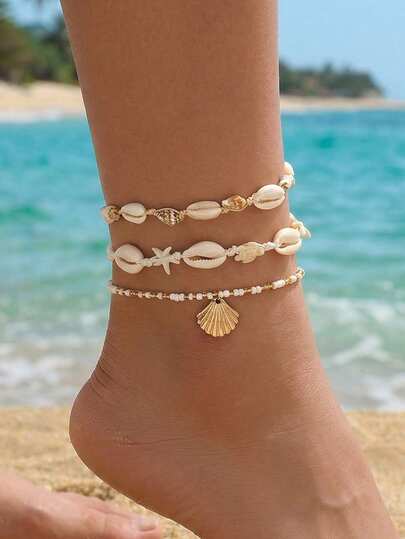 3pcs/Set Bohemian Style Handmade Woven Shell Anklet, Beaded Multi-Layer Alloy Shell Anklet Suitable For Daily Wear, Beach, Party, Music Festival. The Bead Colors Are Randomly Arranged.