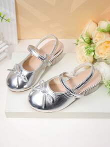 Giày sandal Mary Jane màu vàng ánh kim có nơ, gót vuông đính pha lê, chống trơn trượt, giày công chúa mùa hè cho bé gái. - Bạc - Xem 2