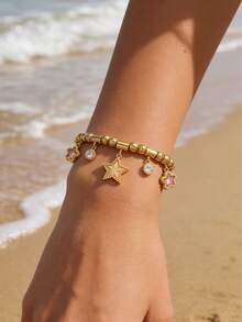 18K镀金粉色水晶吊坠手链，波西米亚风金色夏季海滩度假不锈钢可调节蛇骨链手链 - 金色 - 查看 10