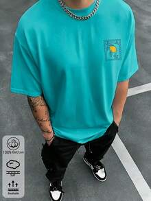 夏季百搭檸檬印花圓領短袖湖綠色T卹，100%純棉男女同款，適合休閒約會及節慶送禮 - 湖綠色 - 查看 6