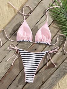2025夏季度假沙滩豹纹性感吊带系带比基尼套装 - 粉紅白條 - 查看 3
