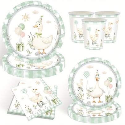 Bộ 10/20/50 món, bộ đồ ăn dùng một lần chủ đề chú ngỗng ngốc nghếch màu xanh lá nhạt, bao gồm đĩa, cốc và khăn ăn, đĩa tiệc họa tiết kẻ caro hình vịt vẽ màu nước với hình ảnh vịt và bóng bay dễ thương, thích hợp cho tiệc mừng em bé, sinh nhật mùa xuân và tiệc ngoài trời, bộ đĩa giấy trang trí kẻ caro xanh trắng cho sinh nhật