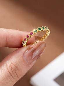 1pc Rainbow Zirconia 925 Sterling Silver Ring, Lightweight & Delicate, Suitable For Daily Wear And Dates - Gold - View 4