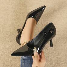 时尚办公室高跟鞋，尖头白色女士办公室细跟鞋 - 黑色 - 查看 13