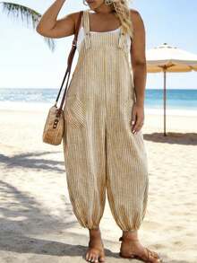 轻盈休闲条纹连体裤，适合海滩、日常通勤、居家、街头风、开学/毕业季、春夏穿着。 - 黃白條紋 - 查看 1