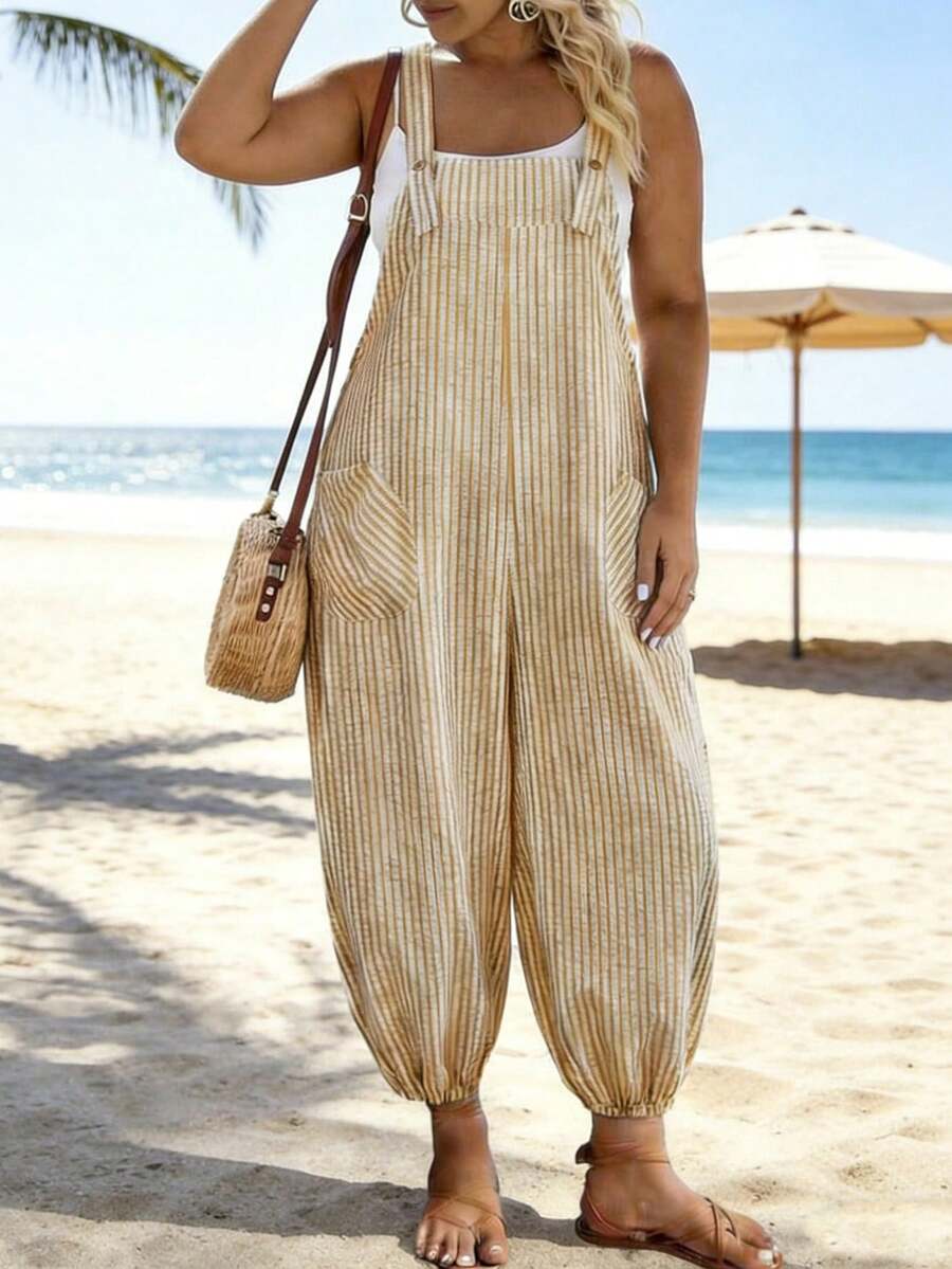 轻盈休闲条纹连体裤，适合海滩、日常通勤、居家、街头风、开学/毕业季、春夏穿着。 - 黃白條紋 - 查看 1
