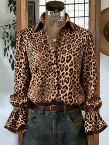 Women's Spring/Summer Leopard Print Single-Breasted Loose Long Sleeve Blouse With Bell Sleeves - Brown - View 1