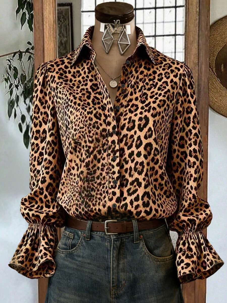 Women's Spring/Summer Leopard Print Single-Breasted Loose Long Sleeve Blouse With Bell Sleeves - Brown - View 1