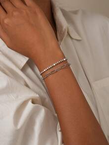 2-delars armbandsset för tonåringar, bohemisk sommarstrandstil, flerskiktad enkelkedja, gemkedja, tenniskedja med zirkonia, stapelbara armbandstillbehör, present - Silver - Visa 4