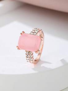 1 pieza Exquisito y lujoso juego de anillo de compromiso de princesa romántica con deslumbrante zirconia sintética cuadrada rosa chapada, regalo de boda, aniversario o cumpleaños para mujeres - anillo - Ver 4