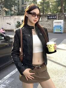 冬季 Y2K 復古仿麂皮極簡主義機車風拉鍊口袋完美街頭穿搭層次感女款外套上衣 - 黑色 - 查看 3