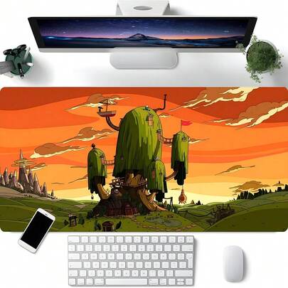 超大加长卡通树屋日落风景游戏鼠标垫，带防滑橡胶底座，可水洗缝制桌面垫，适用于游戏设置、家庭办公室，是游戏玩家、卡通和美学爱好者的理想礼物。