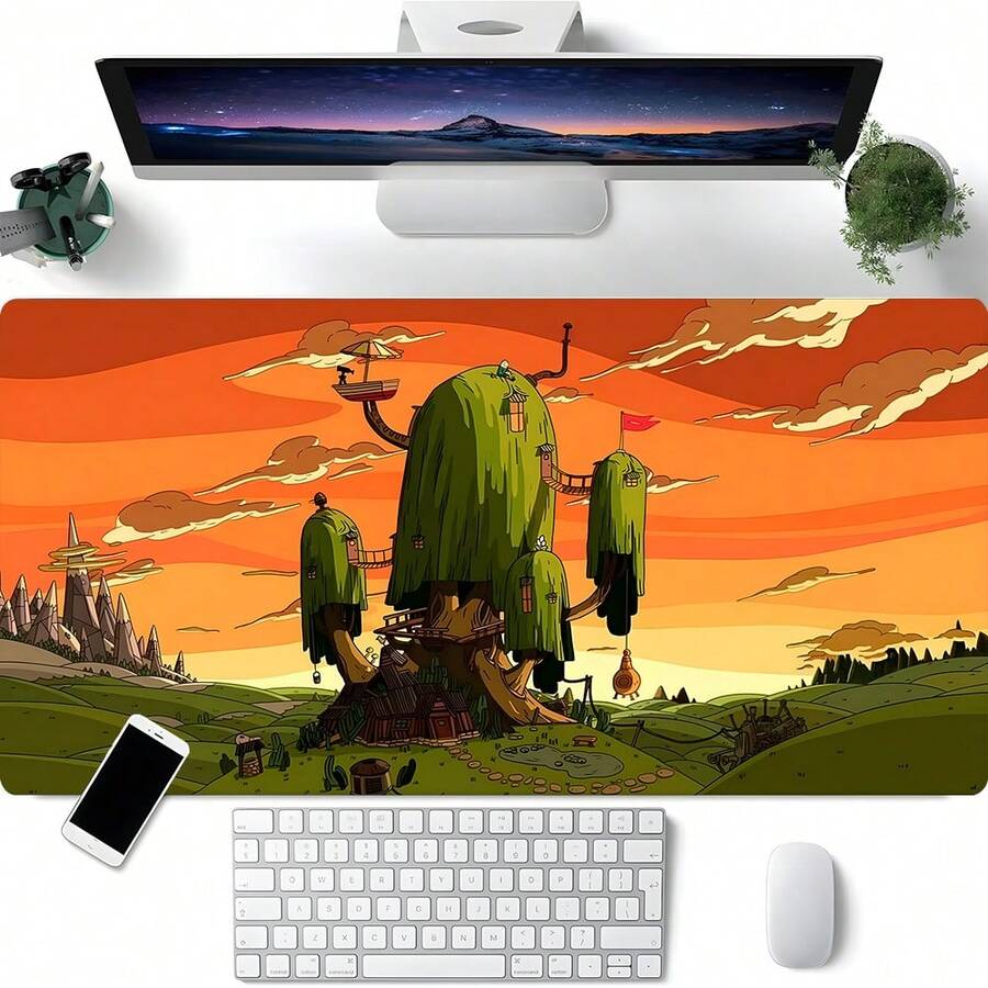 Extra Large Extended Cartoon Tree House Sunset Landscape Gaming Mouse Pad, With Non-Slip Rubber Base, Washable Stitched Desk Mat, Suitable For Gaming Setup, Home Office, Ideal Gift For Gamers, Cartoon And Aesthetic Enthusiasts - View 1