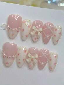 10pcs Floral Faux Pearl French Almond Short Nails, Y2K Girly Cute Bowknot Ballet Style Simple Versatile Handmade Wearable Nail Tips, Suitable Daily Wear, Press-On Nail Accessories Women Nail Supplies Handmade Press On Nails - 彩色 - 查看 4