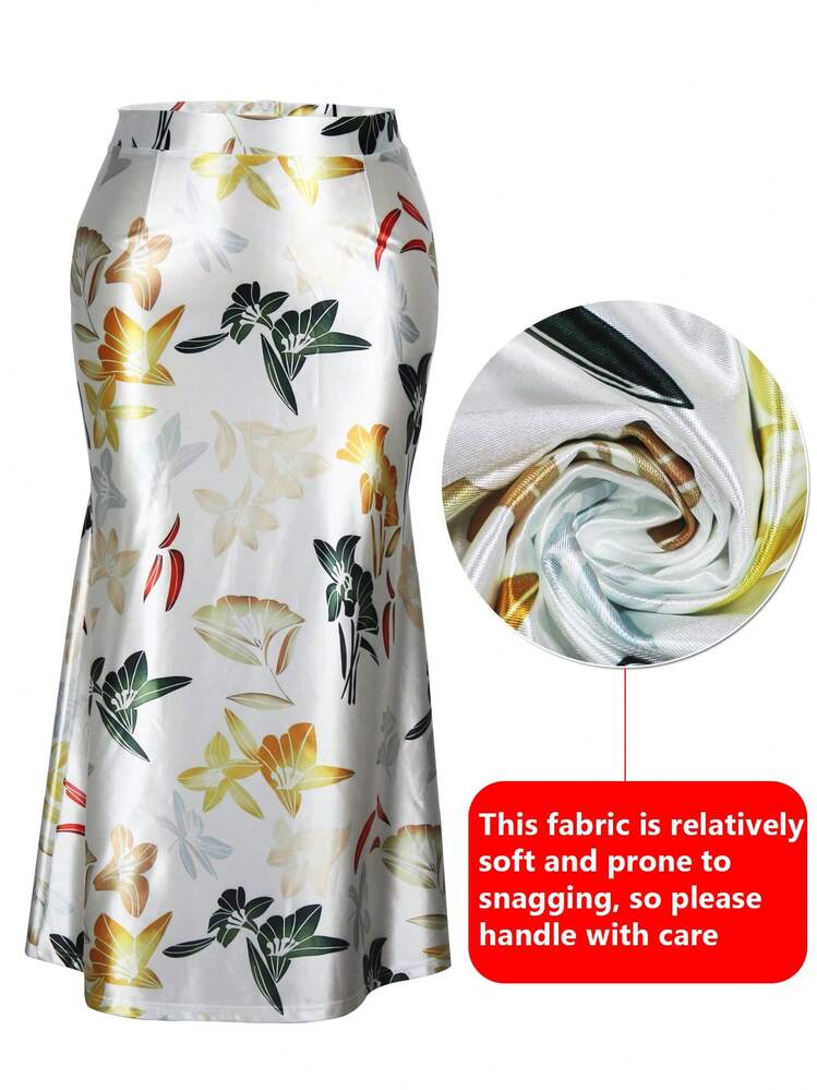 Falda acampanada con estampado floral para mujer talla grande, falda elegante adecuada para fiestas, ir al trabajo y otras ocasiones, vacaciones de primavera y verano blanco - Blanco - Añade 2