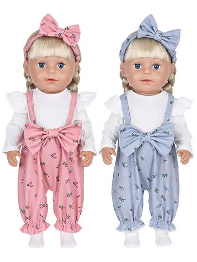 16-18 Inch Children's Doll Jumpsuit, Sweet Pink Overalls With White Flared Sleeves, Bow Headband + Socks, Suitable For Girls 3+ Years Old, Playtime, Dress Up Toy, Holiday/Birthday Gift (Doll Not Included)