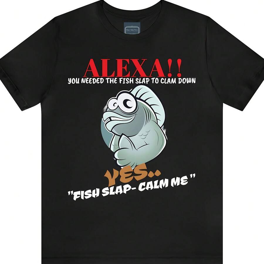 Black Short-Sleeve T-Shirt Featuring A Cartoon Fish Design With The Phrase 'Alexa Fish - Black - View 1