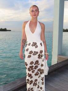 Summer Party Gown Attire Y2K Halter V Neck Floral Print And Chic Spaghetti Strap Long Dress - 米白色 - 查看 1