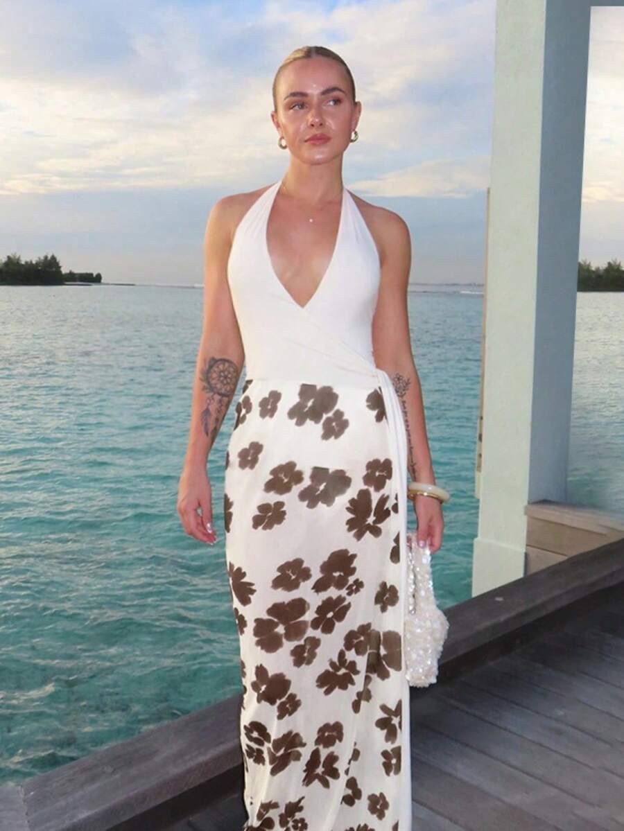 Summer Party Gown Attire Y2K Halter V Neck Floral Print And Chic Spaghetti Strap Long Dress - 米白色 - 查看 1