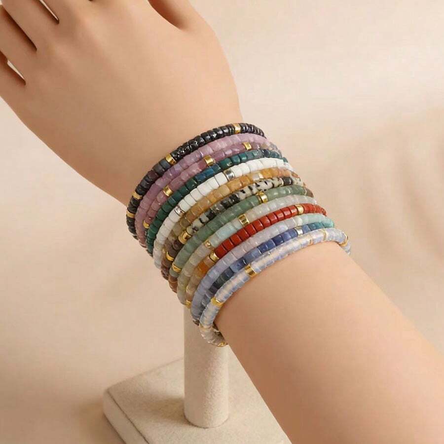 1条玫瑰石英、绿东陵玉和毕加索碧玉串珠手链 – 可调节简约天然石手链 – 精致首饰，精美礼品 - 瘋狂瑪瑙 - 查看 1