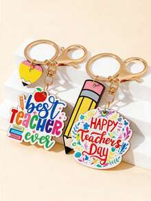 2个新款可爱钥匙扣 - 手工制作 - 教师字母木质吊坠钥匙扣，彩虹流苏，苹果、钢笔和书本造型木质钥匙扣，毕业礼物，同学聚会礼物，教师节礼物，纪念品 - 创意礼物，节日礼物，手机和汽车配件，钥匙扣，情人节礼品袋，Y2K吊坠 - 金色 - 查看 1