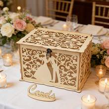 1 pieza Caja para tarjetas de boda con diseño hueco único, caja de recepción con ranura y cerradura, caja de madera hueca DIY para fiestas de boda, aniversario, cumpleaños y Navidad - color madera - Ver 3