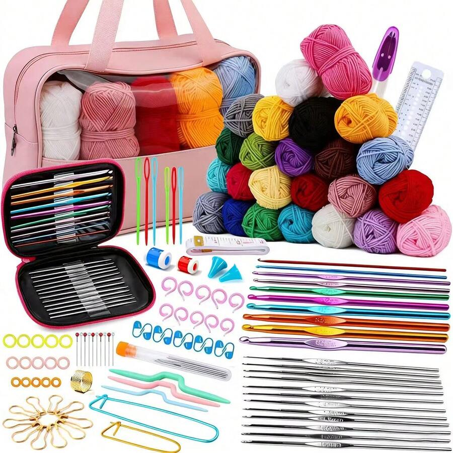 1套钩针编织线套装，初学者钩针套装，含钩针和毛线，便携式人体工学钩针旅行用品（颜色随机） - 多款式 - 查看 1
