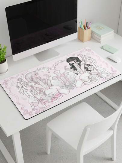 XXXL 초대형 울트라 부드러운 전체 책상 덮개 게이밍 마우스 패드, 세척 가능 방수 미끄럼 방지, 39.37"X19.69", 미끄럼 방지 고무 베이스 패브릭 표면, 핑크 & 화이트 스케치 트윈 엔젤 패턴, 사무실 및 가정을 위한 대형 마우스 패드 책상 매트 키보드 패드, 유선 및 무선 마우스와 호환, 우아한 선물, 어머니의 날 휴일 선물
