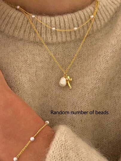 1 Set Elegant Gold Cross & Heart Pendant Faux Pearl Necklace & Bracelet Set, Suitable For Women's Dates, Parties, Music Festivals, Holiday Gifts (Pearl Quantity Random)