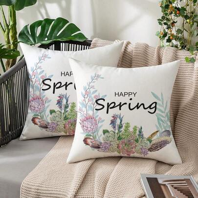 2 piezas Fundas de cojín decorativas con estampado de flores y conejos de estilo primaveral en terciopelo de tacto suave, impresas digitalmente, para sofá, sala de estar y dormitorio, sin relleno