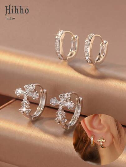 Hihho 2 Pairs Vintage Elegant Cross Earrings Set, Religious Faith & Peace Luxury Jewelry Earrings For Women, Suitable For Daily Wear, Festivals, Gifts For Friends