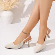 女士春夏高跟鞋，时尚百搭工作鞋，杏色亚麻法式夏季凉鞋 - 杏色 - 查看 18