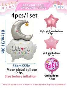 4pcs/1set - Globo de Nube y Luna para Niña, Juego de Globos de Revelación de Género de Papel de Aluminio, Globo de Nube y Luna con Globo de Estrella, Globo, Adecuado para Decoración de Fiesta de Revelación de Género, Decoración de Ambiente de Fiesta de Baby Shower para Niña, Fiesta de Cumpleaños, Accesorios para Eventos de Fiesta, Decoración de Habitación Interior y Exterior - Multicolor - Ver 2