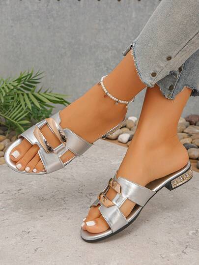 Fashionable Metal Decor Hollow H-Shape Round Toe Women Flat Sandals, Comfortable Low Heel Silver Slide Sandals, Vacation Style For Summer Daily Indoor Outdoor Casual Wear, Versatile Silver Sandals For Plus Size