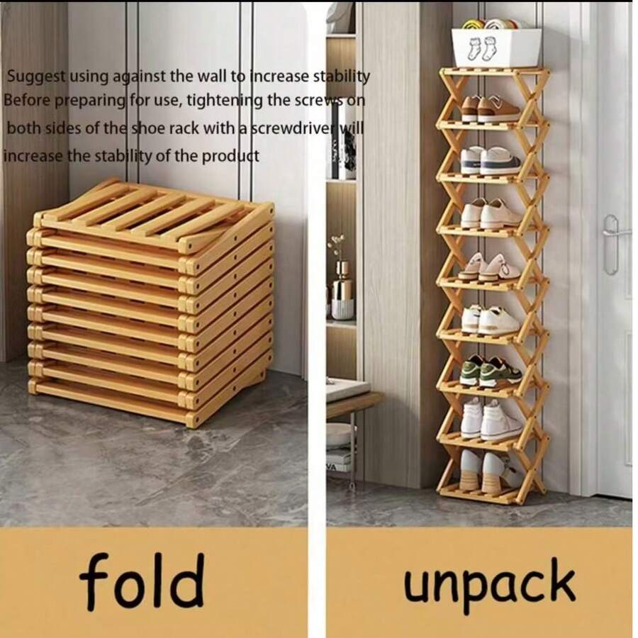 1pc Simple Foldable Bamboo Shoe Rack, No Installation Required, Suitable For Living Room, Bedroom, Balcony, Entrance