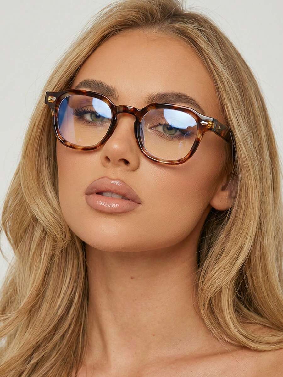 1 Pair Women's Leopard Print Square PC Frame Vintage Chic Casual Street Style Fashion Office Personalized Rivet Flat Lens Glasses - Leopard Print - View 1
