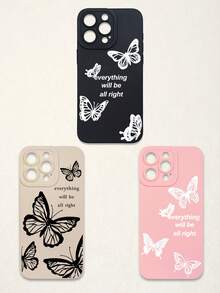 Funda de teléfono suave con protección de lente, 3 piezas con estampado de mariposa y letra, mariposa + estampado de eslogan "Todo estará bien", compatible con iPhone y Galaxy - Multicolor - Ver 13