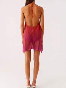 Women Mini Dress Gradient Tie-Up Halter Neck Ruffles Sleeveless Dress Summer Fashion Casual Dress - 橘色 - 查看 3