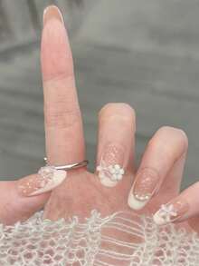 Set de 10 piezas de uñas postizas con diseño floral, nuevo estilo de primavera y verano, estilo francés, dulce e inocente, femenino, hecho a mano, arte de uñas utilizable. Uñas postizas - Multicolor - Ver 3