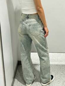 Quần jeans nữ cỡ lớn kiểu retro tối giản, cạp chun, dáng rộng, ống đứng, thoải mái. - Màu xanh hải quân - Xem 2