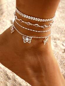 Bộ 4 chiếc dây chuyền kim loại nhiều lớp đơn giản đính pha lê, kiểu dáng đi biển, mặt dây chuyền hình bướm, trang sức đeo chân cho nữ. - Vòng chân hình bướm đính đá - Xem 2