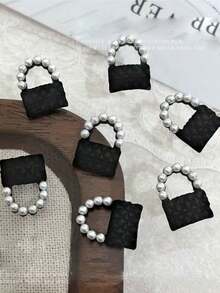 5pcs Exquisite Alloy Handbag Wearable Nail Art Decorations, Black & White Plaid Pattern - Multicolor - View 5