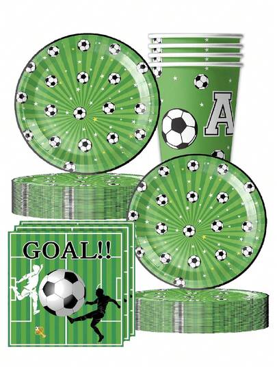 10件套绿色运动足球派对装饰餐具套装，20人份足球主题生日派对餐具