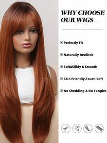 28 Inch 1 Piece Synthetic Heat-Resistant Straight Hair Dirty Orange Bangs Layered Middle Part Synthetic Wigs,Comfortable Natural Bend Women Synthetic Wigs Chemical Fiber Wig Long Straight Wigs Layered Middle Part Wigs Suitable For Summer Daily Parties, Costume Parties, Music Festivals, Holidays, Daily Wear, A Practical Gift For Girls - Dirty Orange - View 3