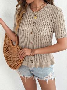 Women's Casual Vacation & Daily Striped Ruffle Trim Round Neck Short Sleeve Knit Cardigan, Spring/Summer - Khaki - View 3