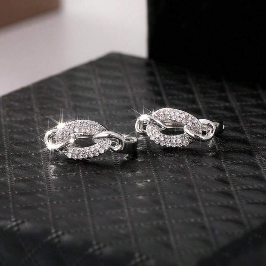 Khuyên tai khoen tròn đính đá Zirconia trắng thời trang, khuyên tai bạc xoắn tròn kiểu cổ điển, trang sức cưới thiết kế bện, món quà lý tưởng cho phụ nữ. - Bạc - Xem 1