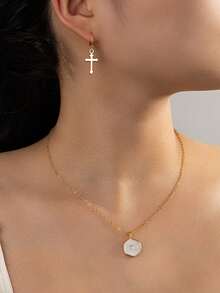 Bộ 1 dây chuyền và bông tai hình thánh giá thanh lịch, phụ kiện tối giản phong cách retro sang trọng, thích hợp cho các buổi hẹn hò, trang phục và quà tặng ngày lễ. - Nhiều màu - Xem 3