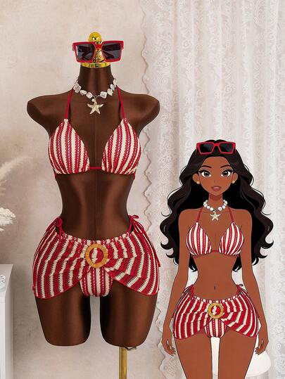 Conjunto de bikini de 3 piezas con top halter triangular y cubrecuerpo - Tejido de ganchillo a rayas, detalles de hebilla de ratán, Bottom con lazos laterales, traje de baño sexy de tres piezas para mujer, vacaciones en la playa, fiesta en la piscina, ropa de baño de verano